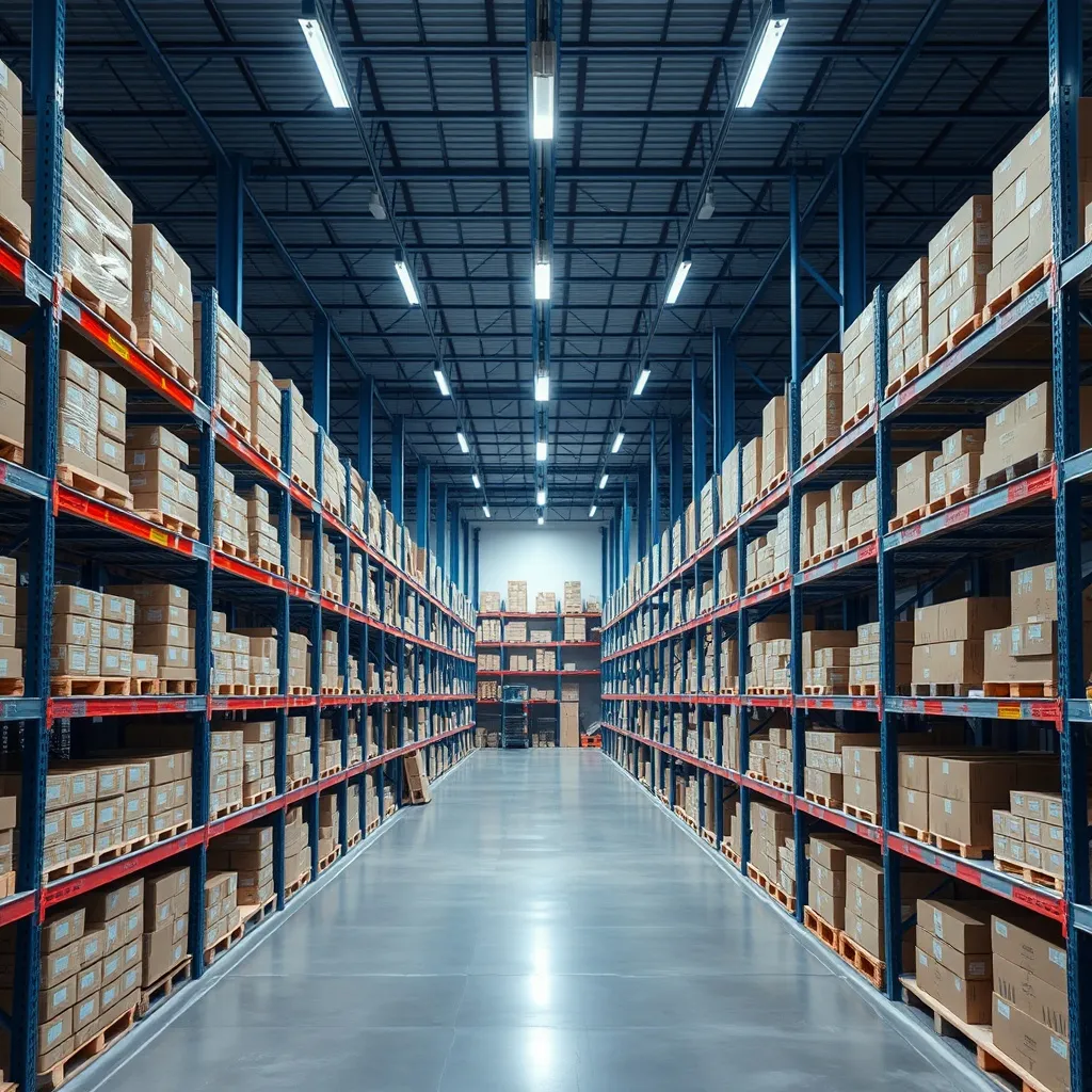 A clean, industrial warehouse interior with organized shelve